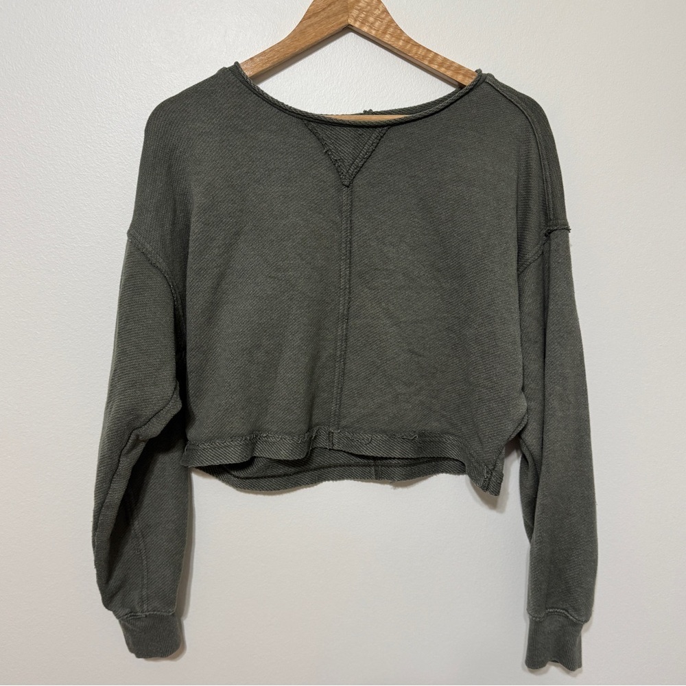 Aerie Cropped Crewneck Sweater Size XS Oversized Beach Party Sweatshirt Green - Picture 2 of 6